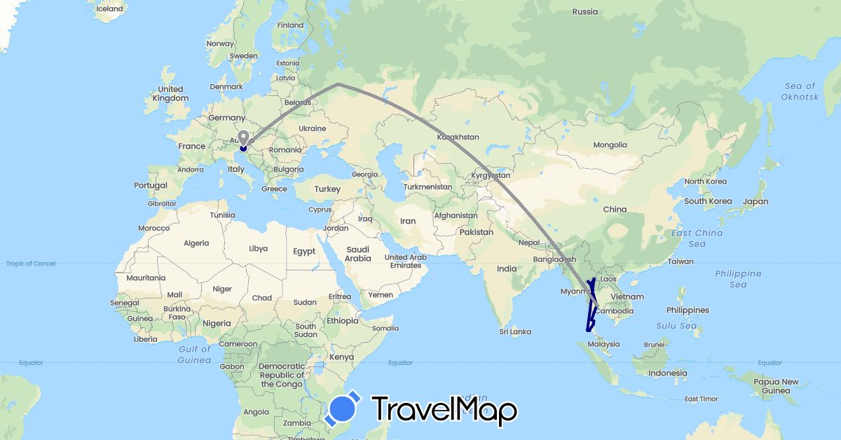 TravelMap itinerary: driving, bus, plane, train in Russia, Slovenia, Thailand (Asia, Europe)